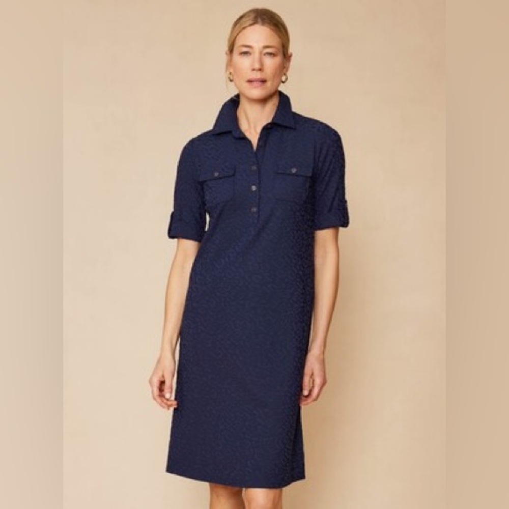 J. McLAUGHLIN navy blue stretch textured Yolanda Dress
